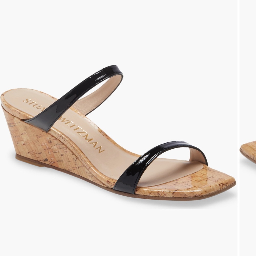Stuart Weitzman Black Patent Cork Wedge Sandals